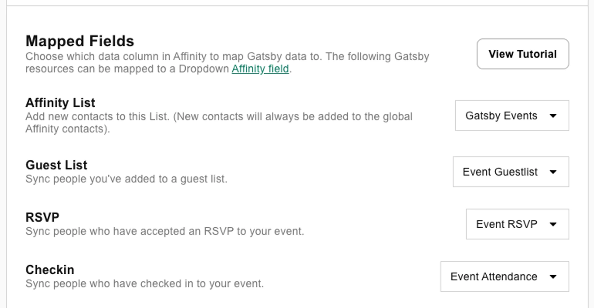 Gatsby integration settings page showing Affinity field mapping dropdowns